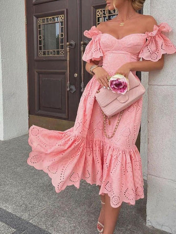 Woochic mi-longue robe avec évider dos nu col bateau élégant cocktail Rose S